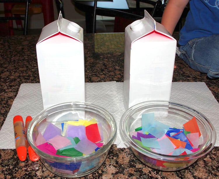 milk cartons and supplies for birdhouse