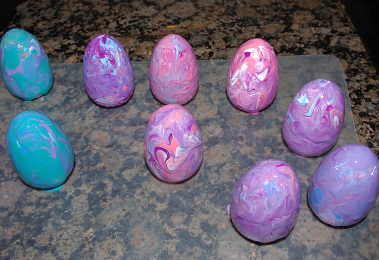purple and pink marble painted easter eggs