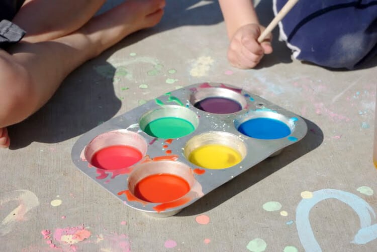 muffin tray full of sidewalk chalk paint