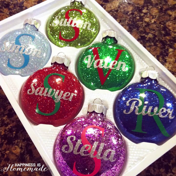 personalized glitter ornaments with names on them