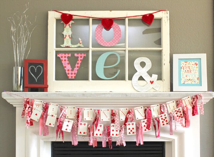 valentines decorated mantel with cute card banner