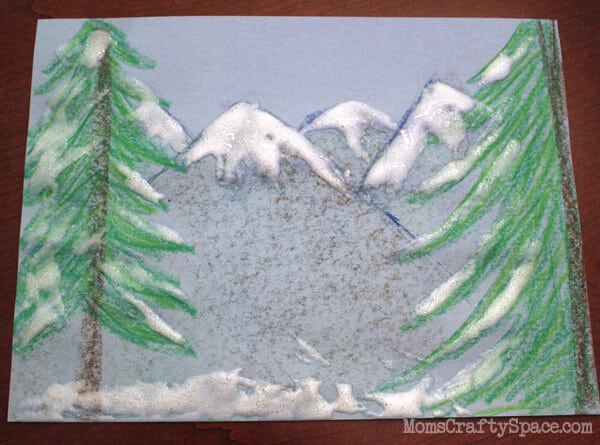 faux snow painting of mountains and trees