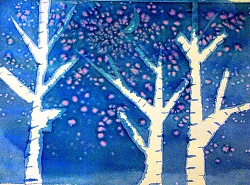 watercolor winter trees salt relief art for kids