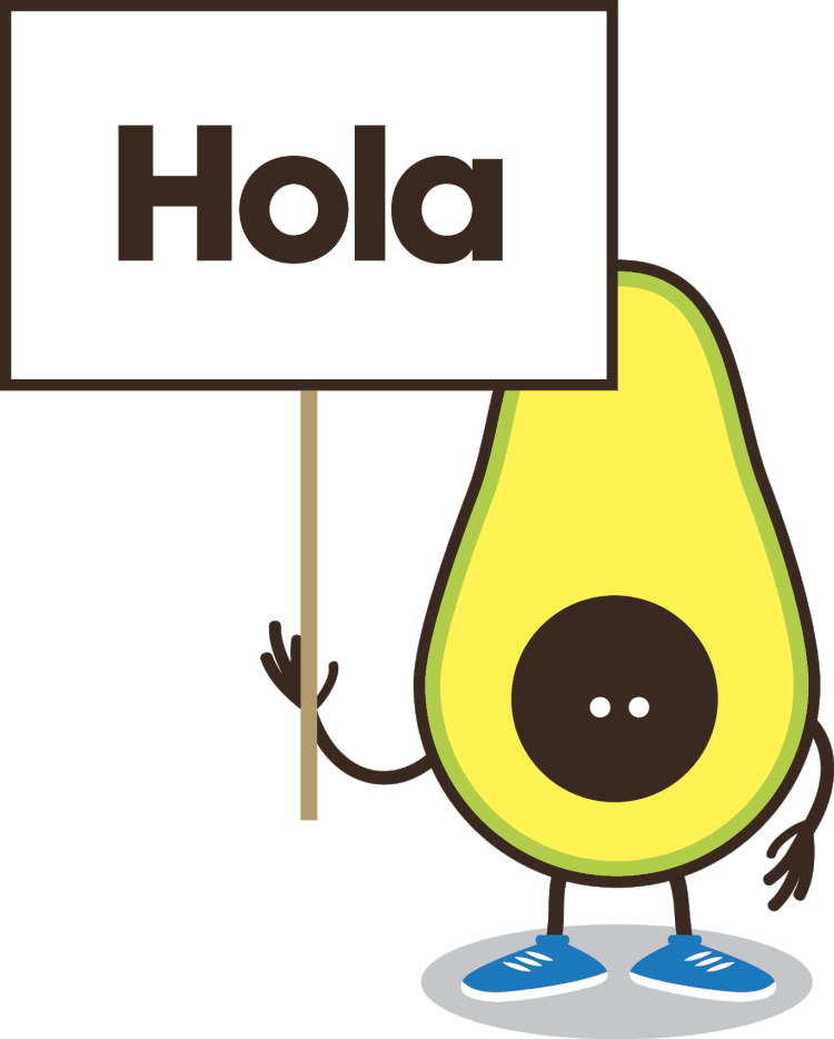 avocado holding sign that reads \'Hola\"