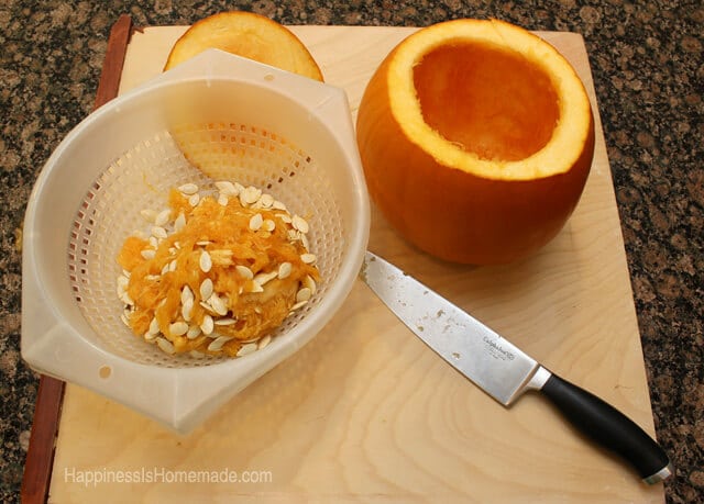 Preparing a Pumpkin for Roasting, collected pumpkin insides in bowl