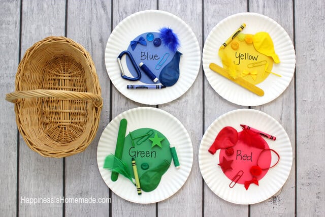 preschool color sorting educational activity done on paper plates