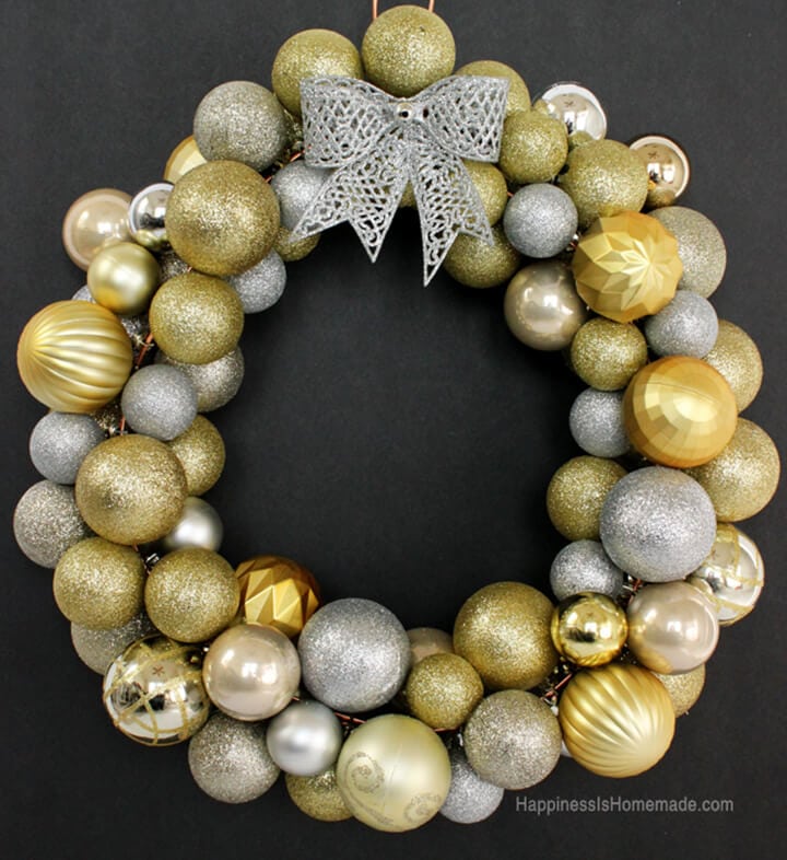 homemade christmas ornament wreath in gold and silver