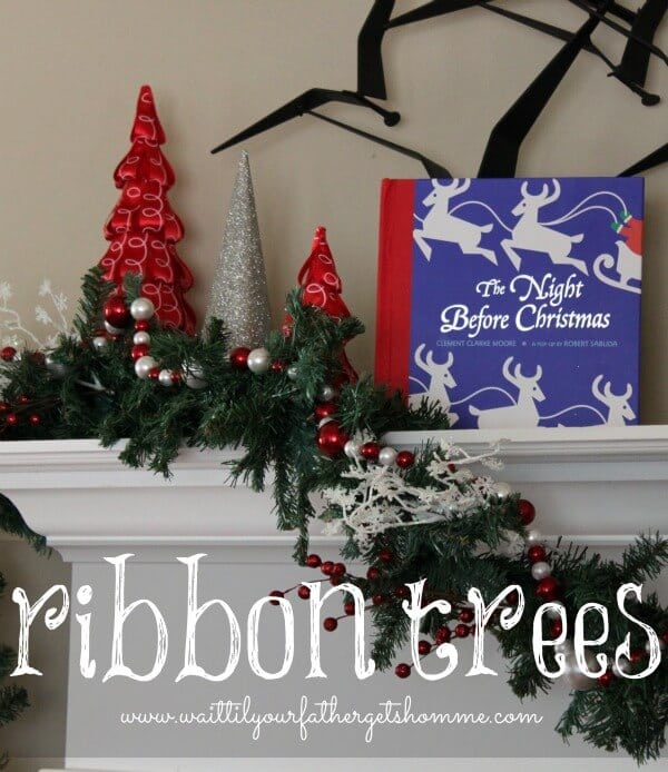 diy christmas ribbon trees and mantel decorated for christmas