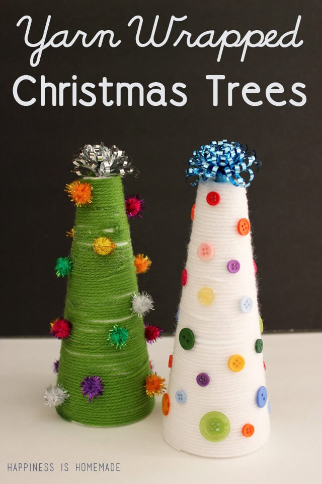 Yarn wrapped christmas trees.