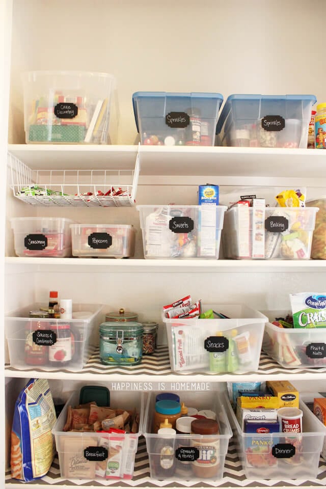 organized pantry shelves with bins and chalkboard labels