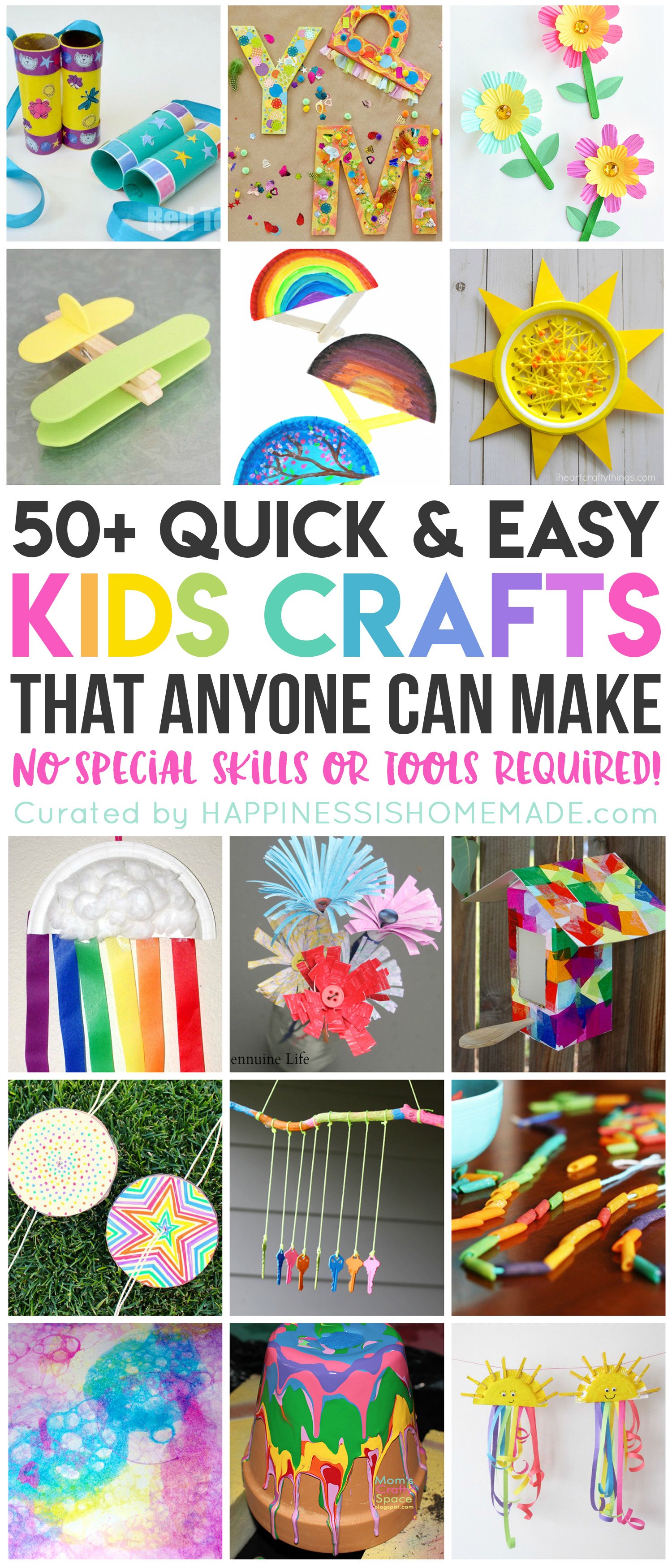 These 50+ quick and easy kids crafts can be made in under 30 minutes using items that you probably already have around the house! No special tools or skills are required, so ANYONE can make these cute crafts for kids! Great fun for the entire family!