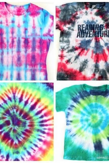 tie dyed shirts in collage photo