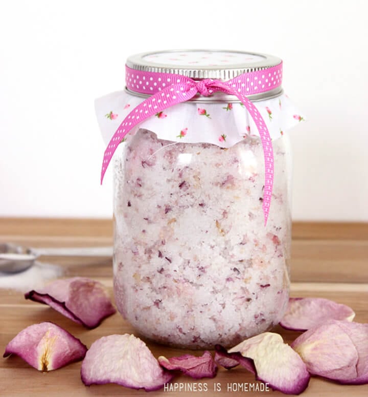 homemade rose petal spa sugar scrub in mason jar with rose petals