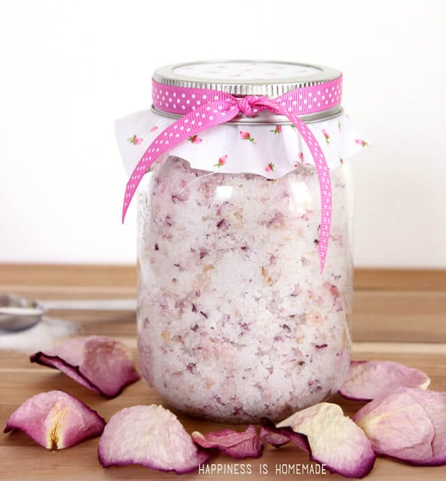 mason jar full of rose petal spa sugar scrub