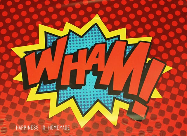 Wham! comic book like graphic in blue, red and yellow