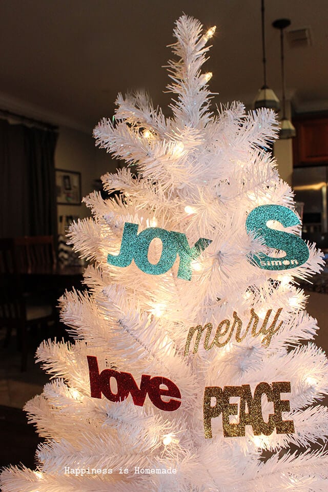 diy custom glitter ornaments text and monograms on white christmas tree