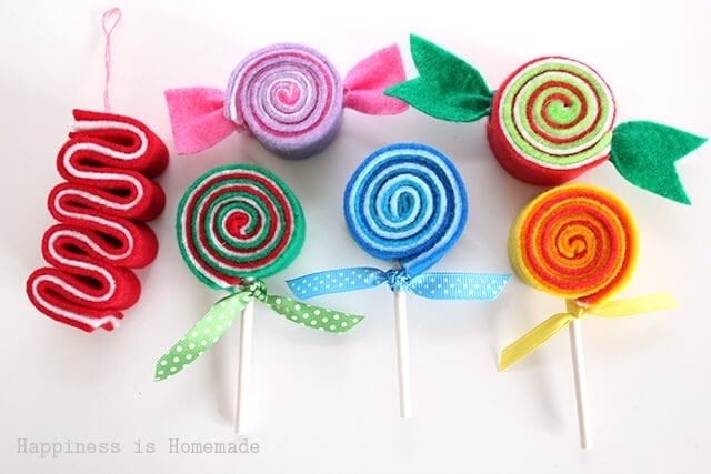 DIY Felt Candy Christmas Ornaments on white background