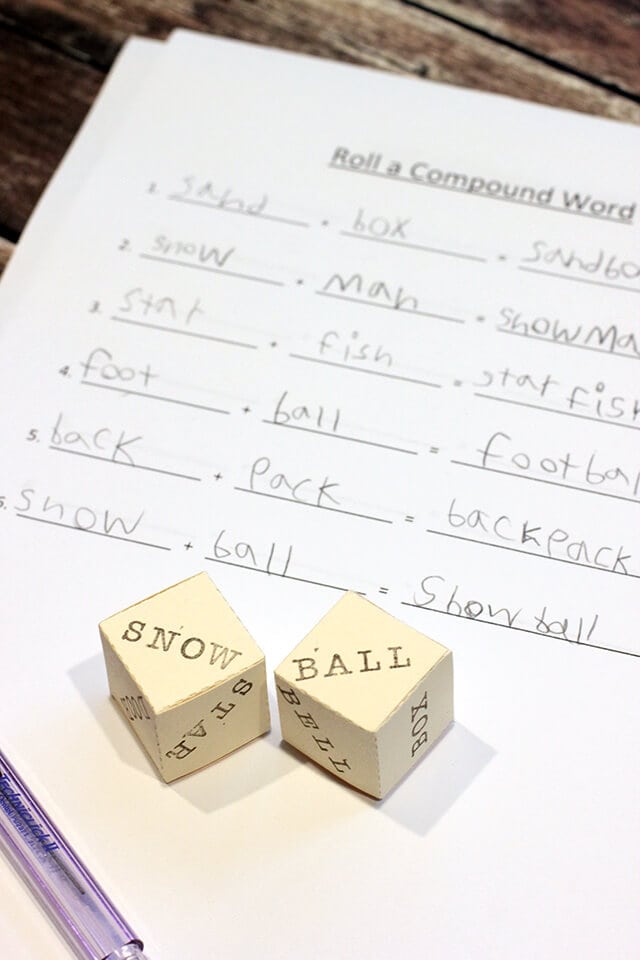 roll a compound word, word game for kids