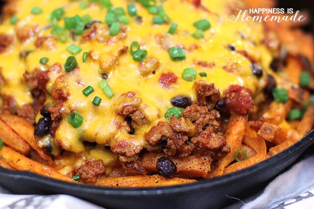 Cheesy Skillet Chili Fries with Sweet Potatoes