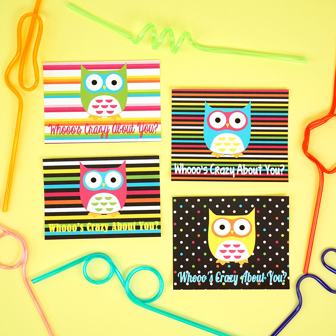 printable valentines owl cards with crazy straws