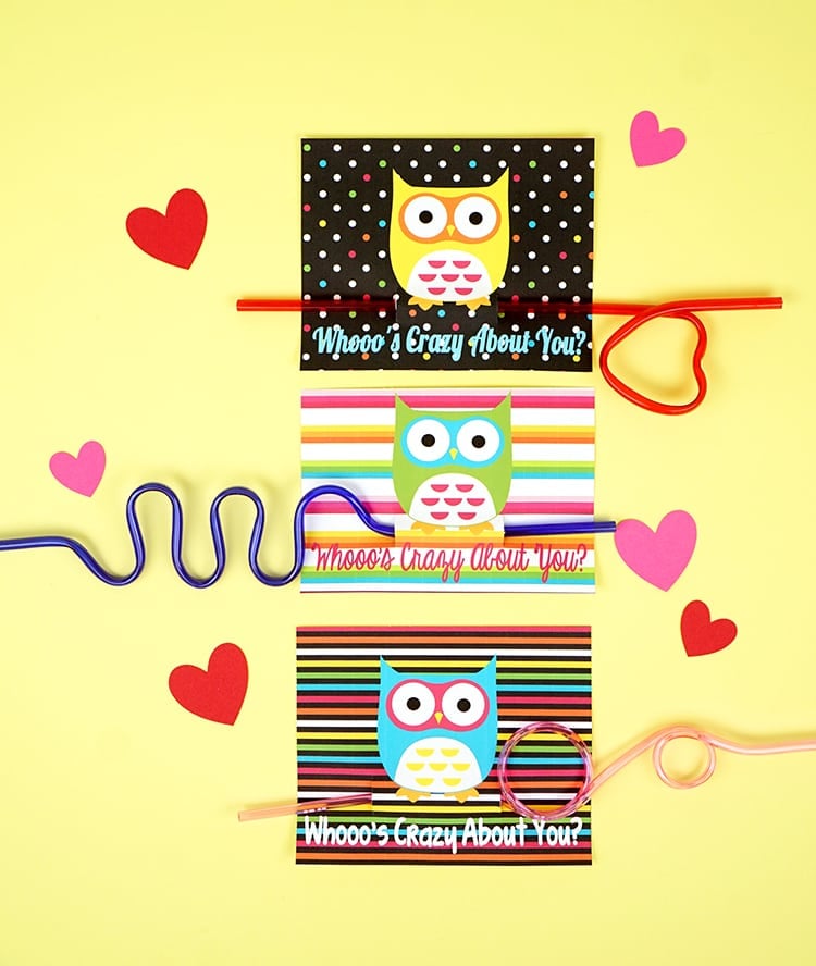 owl printable valentine cards with crazy straws