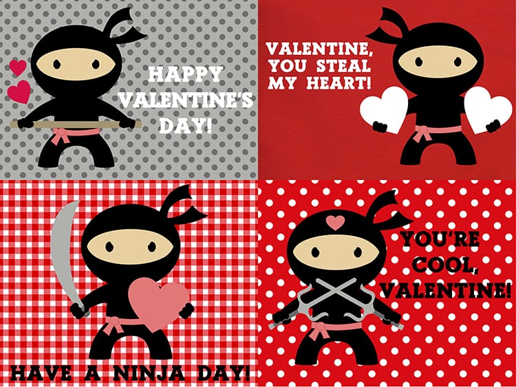 printable valentines day ninja themed cards 