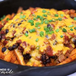 healthy chilli cheese fries in skillet