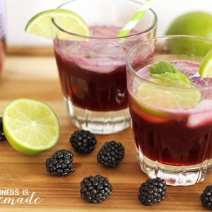 blackberry lime fizz cocktails in glasses with berries and lime slices