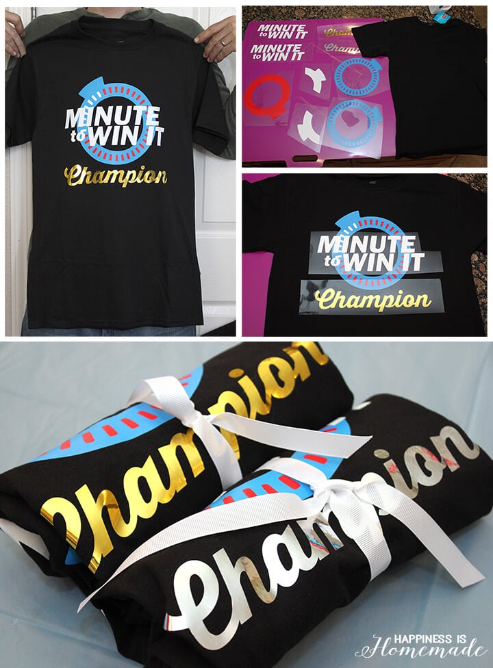 "Minute to Win It Champion" graphic on two black t-shirts with logo