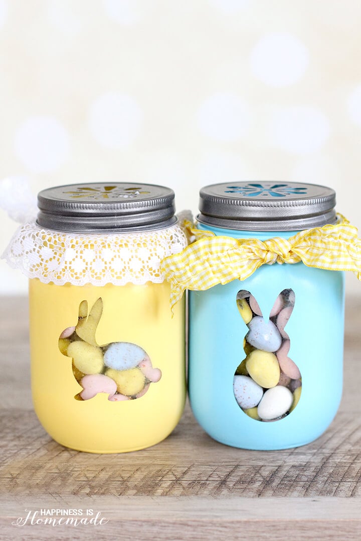 Easter Bunny Treat Jars - yellow and blue bunny mason jars filled with candy
