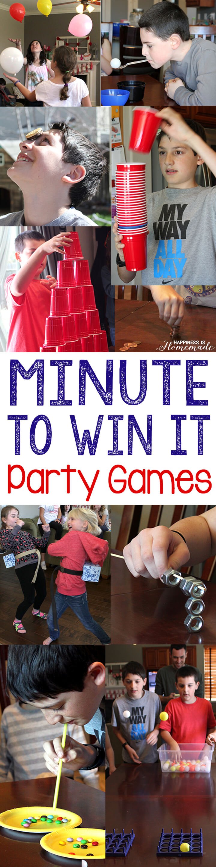 "Minute to Win It Party Games" text with collage image depicting several Minute to Win It Games for Kids and Adults