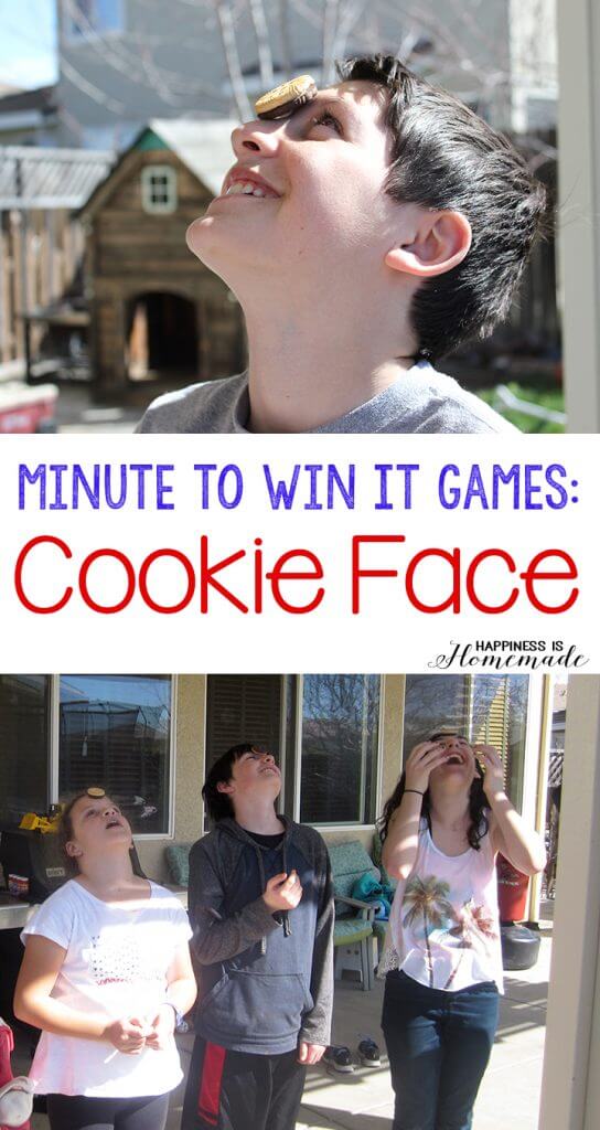 Kids balancing cookies on face playing Minute to Win It game \'Cookie Face\'