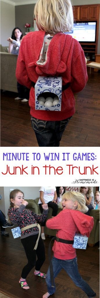 two pictures of children playing Junk In The Trunk Minute to Win It Game 