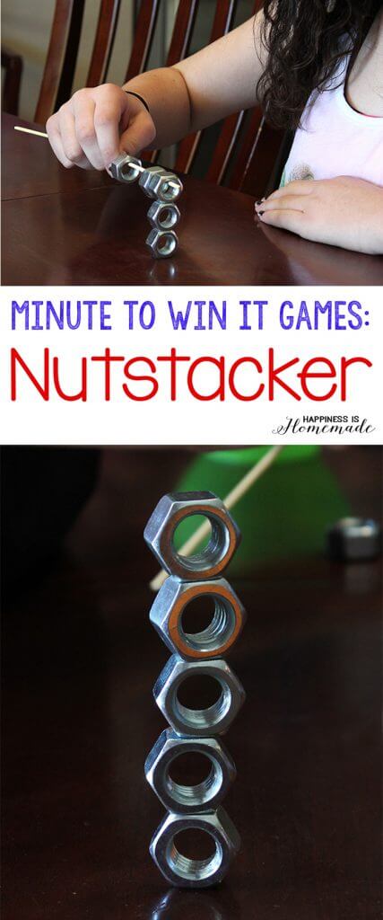 Kid playing Minute to Win It Game \'Nutstacker\'