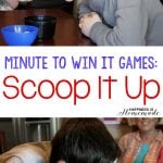 Kids balancing spoons in mouth with ping pong ball on the spoon, playing Minute to Win It Games: Scoop It Up