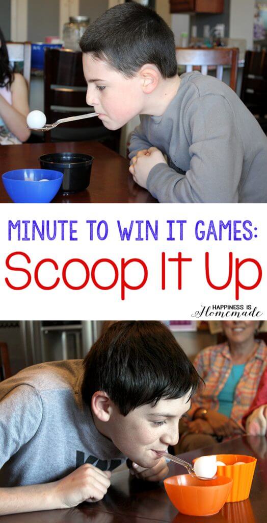 Kids balancing spoons in mouth with ping pong ball on the spoon, playing Minute to Win It Games: Scoop It Up