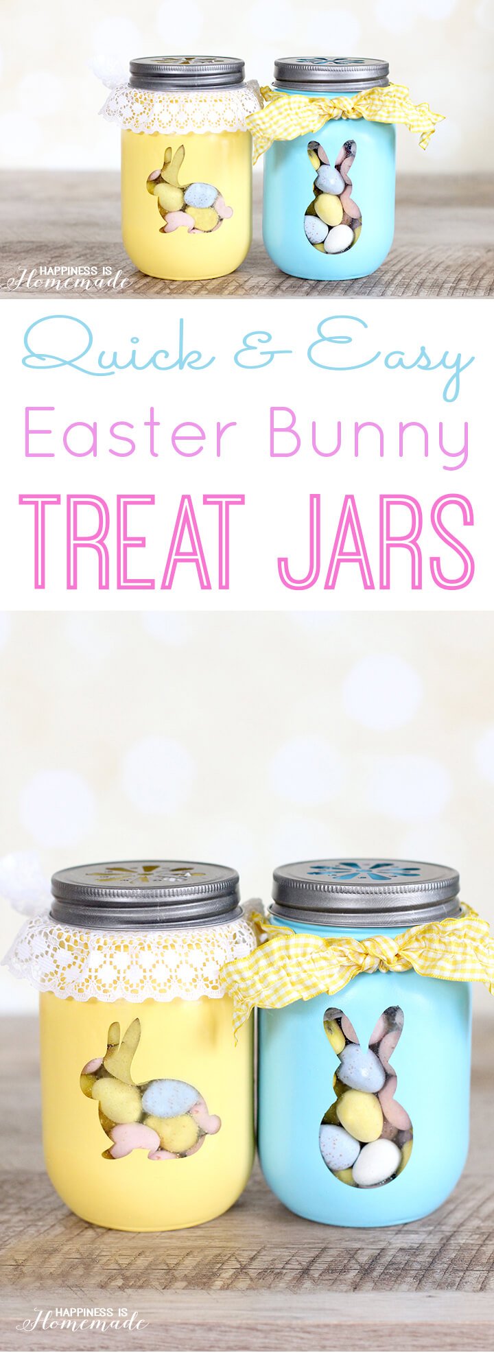 Easter bunny mason jars are a cute, DIY Easter decor idea.