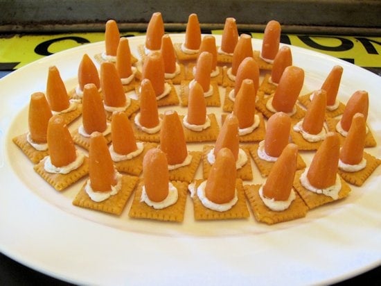 snack tray full of traffic cone inspired snacks