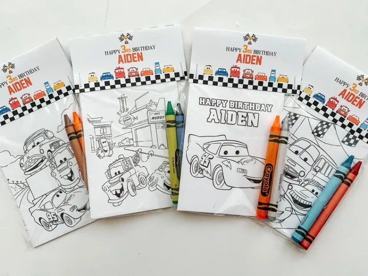 Cars party favor packets with mini coloring book and crayons