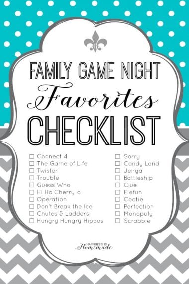family game night favorites checklist printable