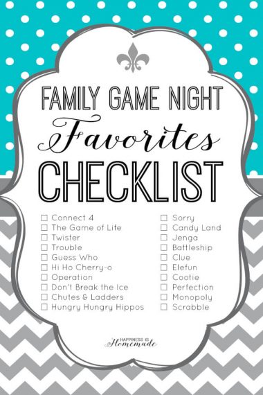 family game night favorites checklist printable