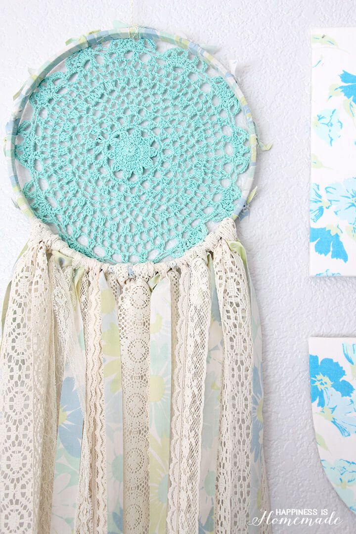 Vintage Sheet & Lace Doily Wall Hanging