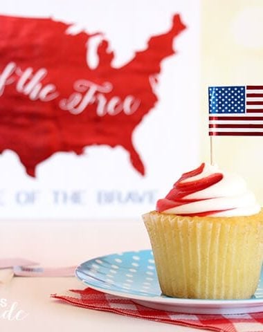 4th of july cupcake with metallic flag cupcake topper and land of the free map