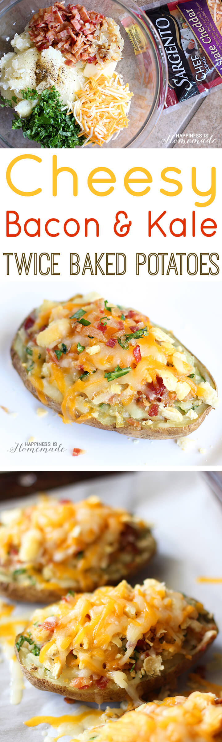 Cheesy Bacon & Kale Twice Baked Potatoes - Happiness is Homemade