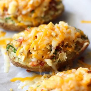 cheesy twice baked potatoes with bacon and kale