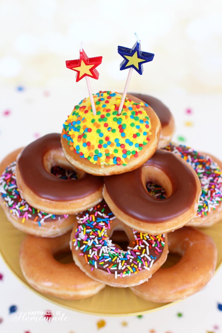 Krispy Kreme Donut Birthday Cake - Happiness is Homemade Krispy Kreme Donut Birthday Cake - Happiness is Homemade