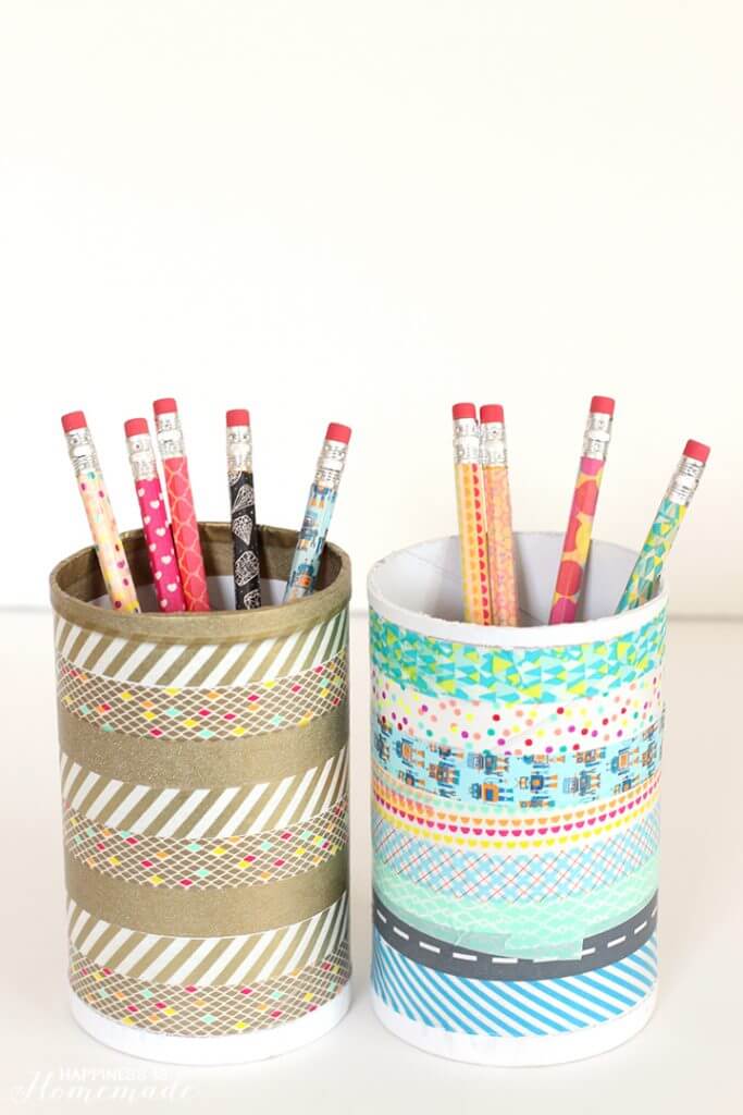 washi tape pencil cups on desk