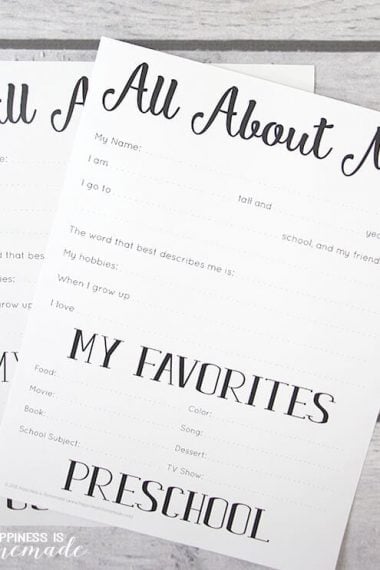 "All About Me" printables on a wood background
