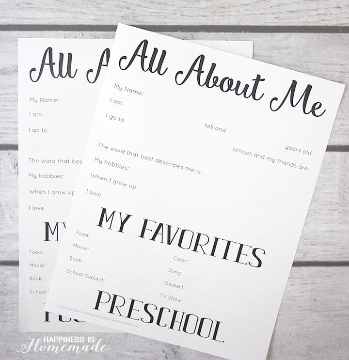 \"All About Me\" printables on a wood background