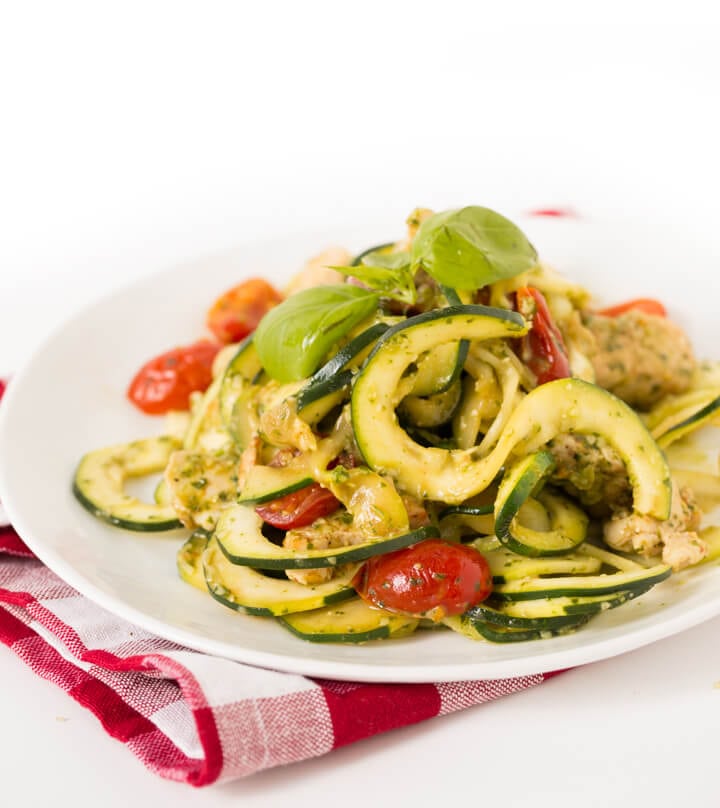 Chicken and Pesto Zucchini Fettucini with Tomatoes